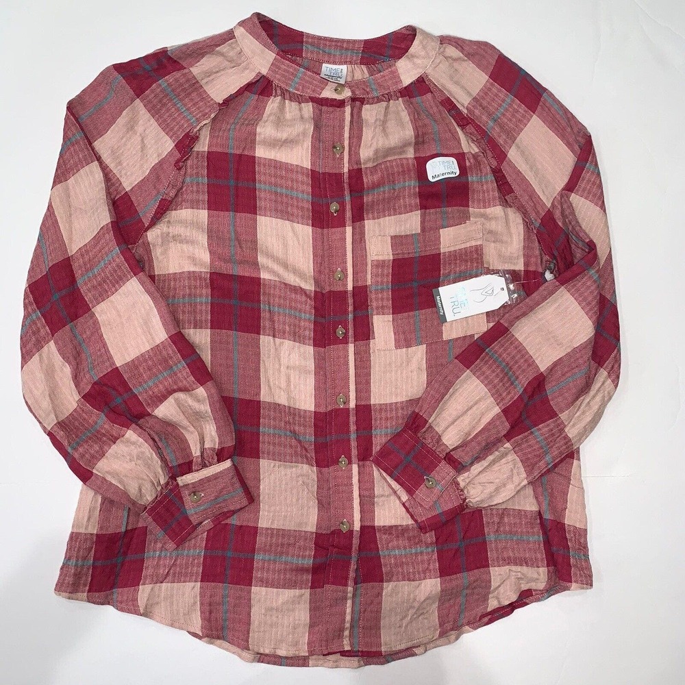 Time and Tru Maternity Blouse Sz M (8/10) Pink Plaid Button Long Sleeve Top